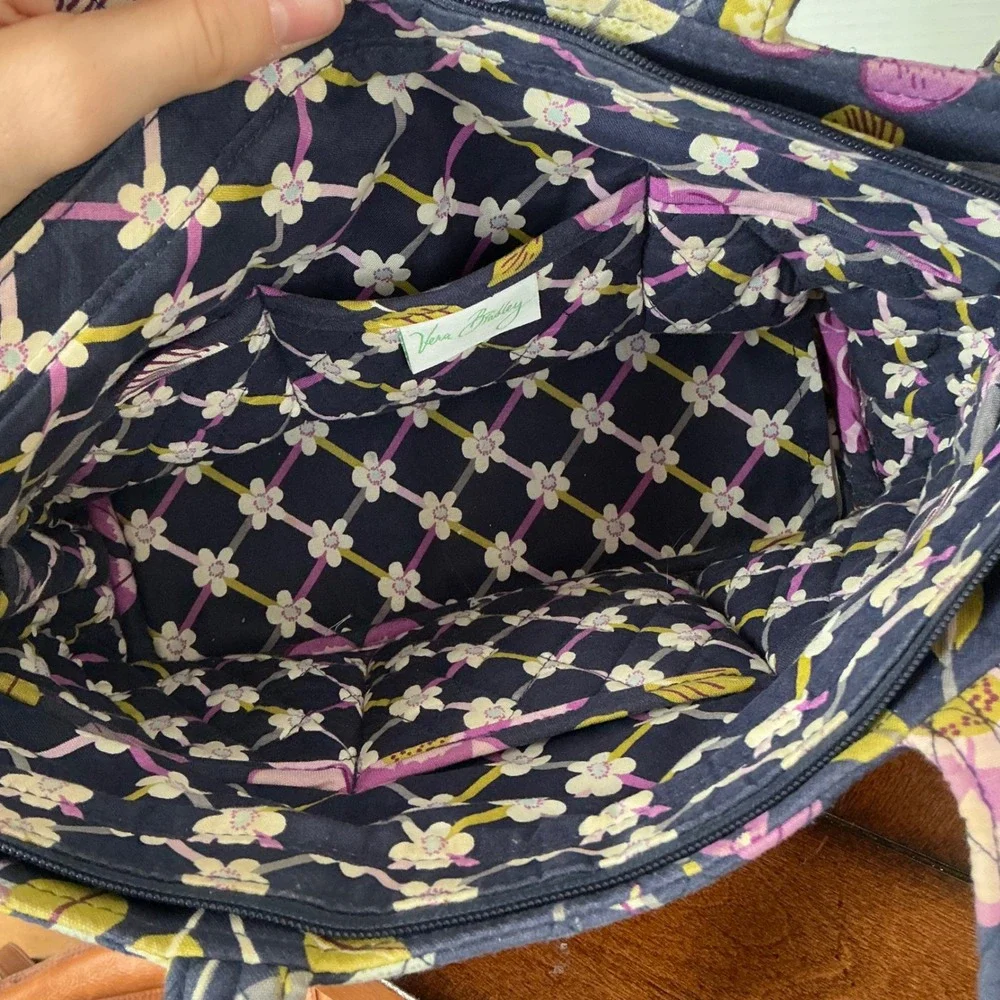 Vera Bradley Plum Nightingale Crazy Quilted Cotton Tote Bag Purple Floral Zip - Picture 6 of 7